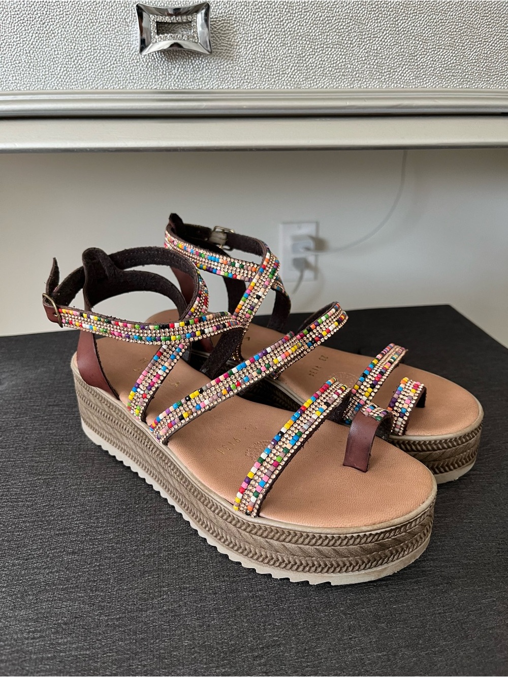 Beaded Multicolor Platform Wedge Sandals **REAL leather**🥰🥰🥰
